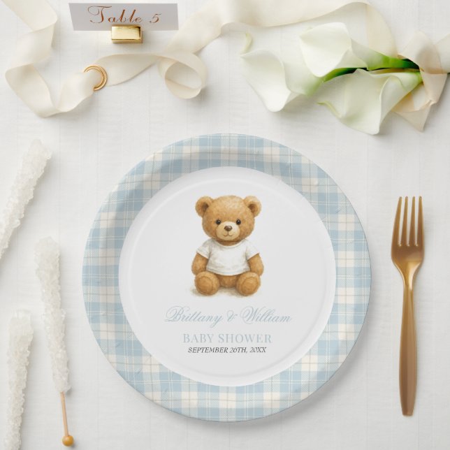  Preppy Bear Blue Plaid Modern Baby Shower  Paper Plate (Wedding)