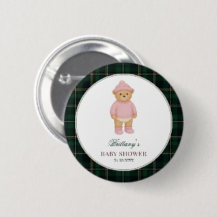 Preppy Bear Green Plaid Baby Shower Button