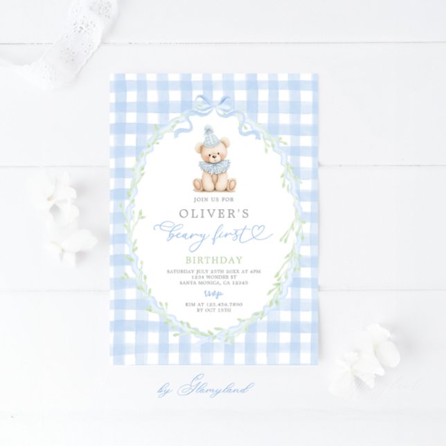 Preppy Beary First Birthday Invitation (Creator Uploaded)