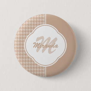 Preppy Beige and Tan Houndstooth Monogram and Name 2 Inch Round Button