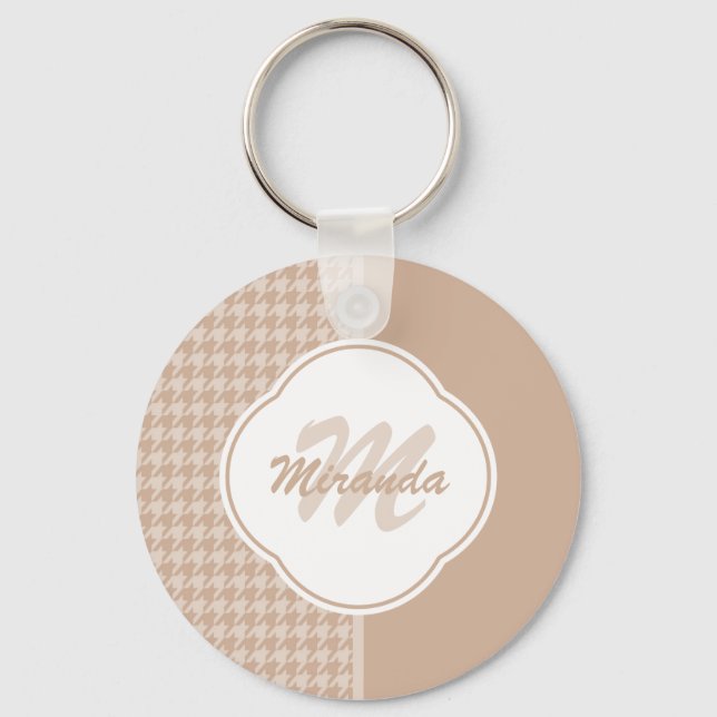 Preppy Beige and Tan Houndstooth Monogram and Name Keychain (Front)