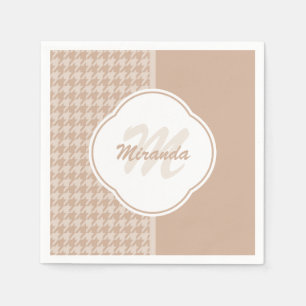 Preppy Beige and Tan Houndstooth Monogram and Name Napkin
