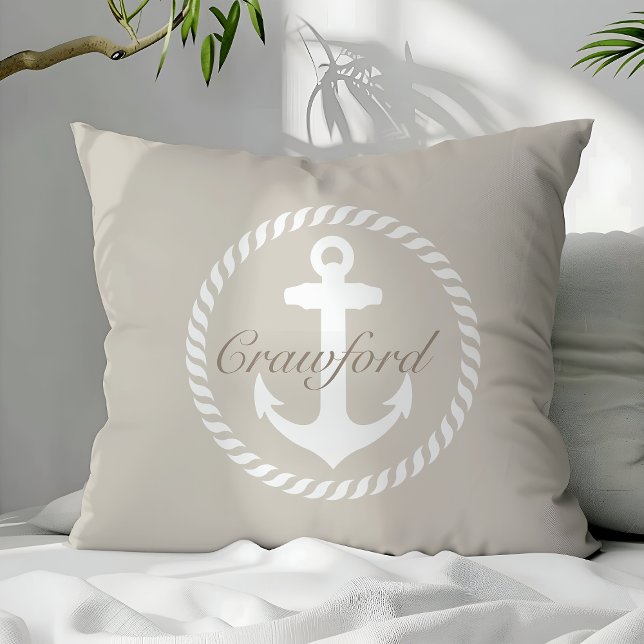 Preppy Beige & White Nautical Anchor Monogram Throw Pillow (Creator Uploaded)