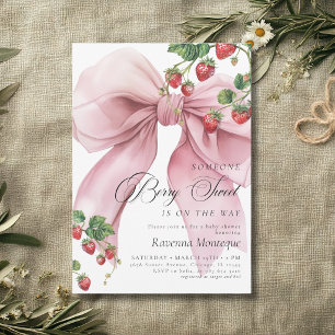 Preppy Berry Sweet Pink Bow Strawberry Baby Shower Invitation