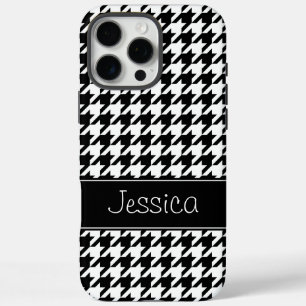 Preppy Black and White Houndstooth Personalized iPhone 16 Pro Max Case