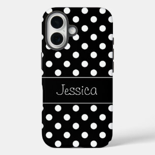 Preppy Black and White Polka Dots Personalized iPhone 16 Case