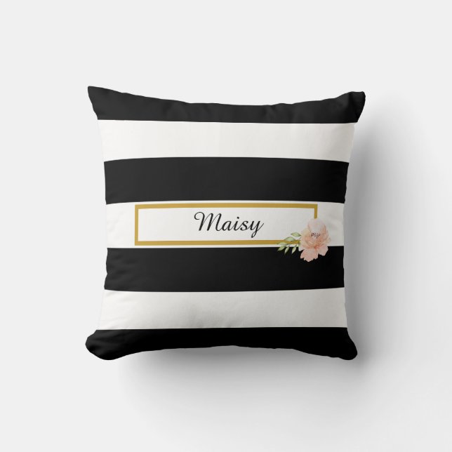 Preppy Black and White Stripe Gold Floral Throw Pillow (Front)