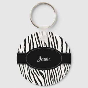 Preppy Black and White Tiger Stripes With Name Keychain