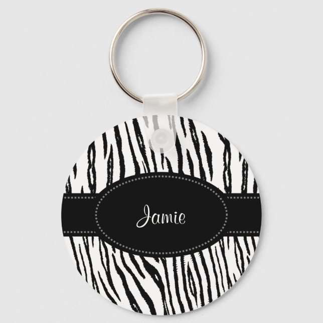 Preppy Black and White Tiger Stripes With Name Keychain (Front)
