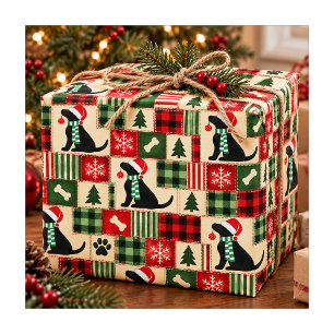 Preppy Black Lab Christmas Ornament Patchwork Wrapping Paper