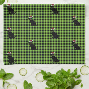 Preppy Black Lab Christmas Pattern Green Gingham Kitchen Towel
