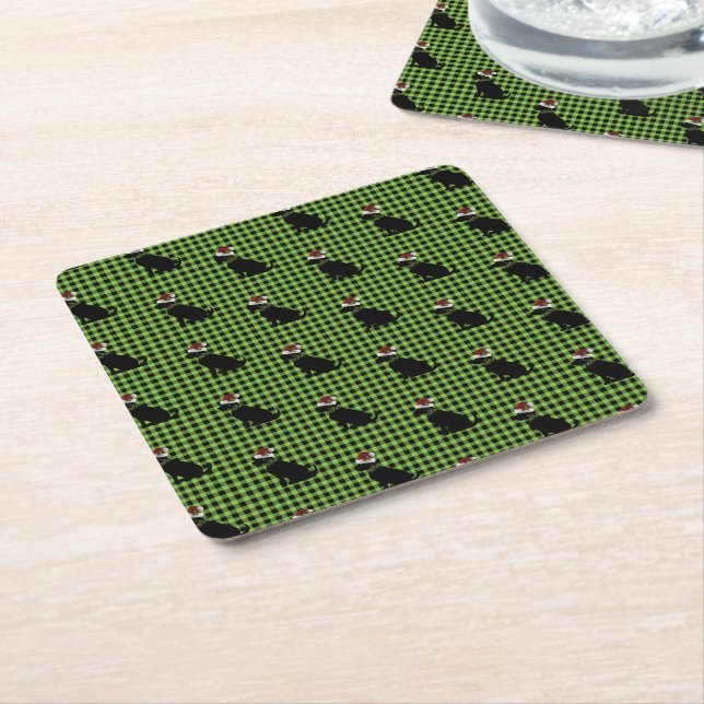 Preppy Black Lab Christmas Pattern Green Gingham Square Paper Coaster (Angled)