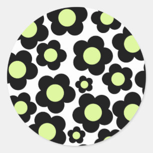 Preppy Black Neon Green Hippie Flower Pattern Classic Round Sticker