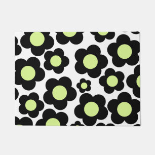 Preppy Black Neon Green Hippie Flower Pattern Doormat