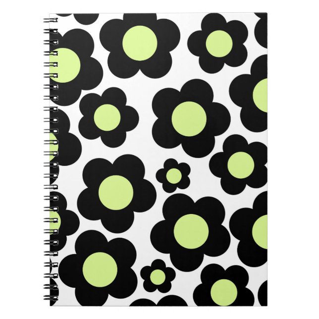 Preppy Black Neon Green Hippie Flower Pattern Notebook (Front)