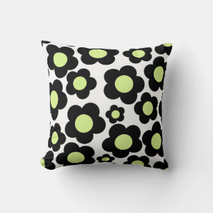 Preppy Black Neon Green Hippie Flower Pattern Throw Pillow