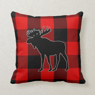 Preppy Black Red Buffalo Check Moose Throw Pillow