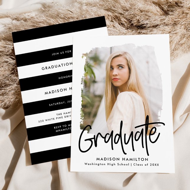 Preppy Black Script Photo Graduation Party Invitation (Creator Uploaded)