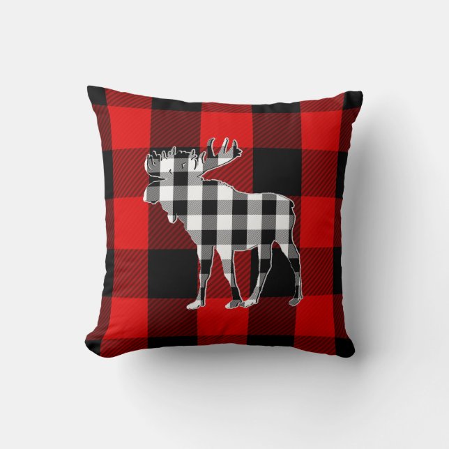 Preppy Black White Red Buffalo Check | Moose Throw Pillow (Front)