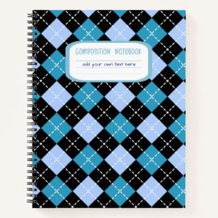 Preppy Blue and Black Argyle Plaid Composition Notebook