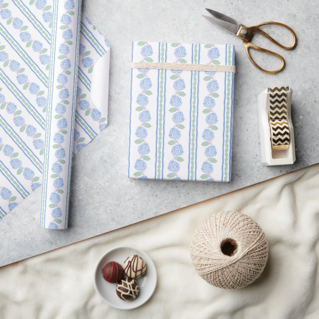 Preppy Blue and Green Hydrangea Stripe Wrapping Paper (Crafts)