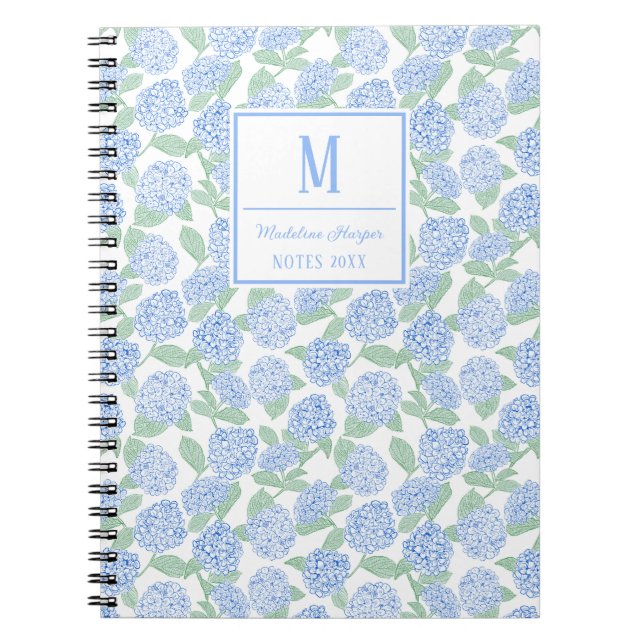 Preppy Blue and Green Hydrangeas Monogram Notebook (Front)