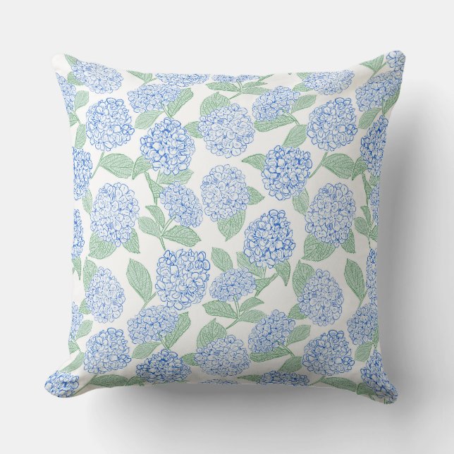 Preppy Blue and Green Hydrangeas Throw Pillow (Front)