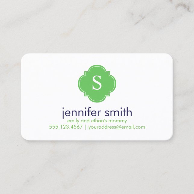 Preppy Blue and Green Monogrammed Calling Card (Front)