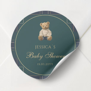 Preppy Blue and Green Plaid Teddy Bear Baby Shower Classic Round Sticker