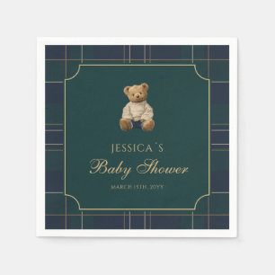 Preppy Blue and Green Plaid Teddy Bear Baby Shower Napkin