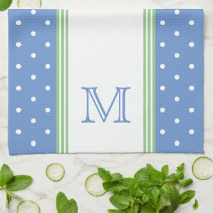 Preppy Blue and Green Polka Dot Monogram Kitchen Towel