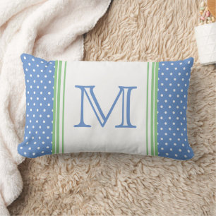 Preppy Blue and Green Polka Dot Monogram Lumbar Pillow