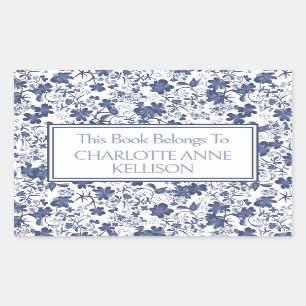 Preppy Blue and Grey Floral Bookplates Sticker
