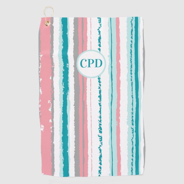 Preppy Blue and Pink Striped Monogrammed Golf Golf Towel (Front)