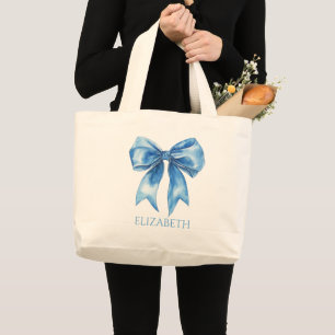 Preppy Blue and White Bow Personalized Large Tote Bag