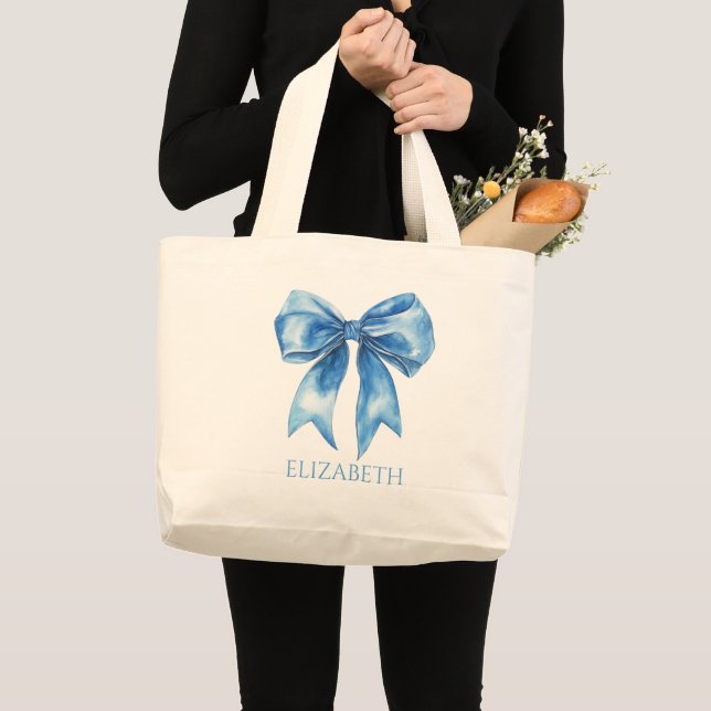 Preppy Blue and White Bow Personalized Large Tote Bag (Front (Product))