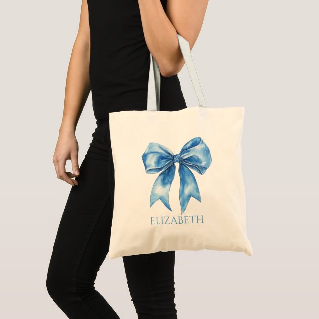 Preppy Blue and White Bow Personalized Tote Bag (Front (Product))