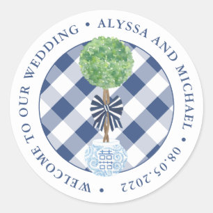 Preppy Blue And White Boxwood Wedding Welcome Classic Round Sticker