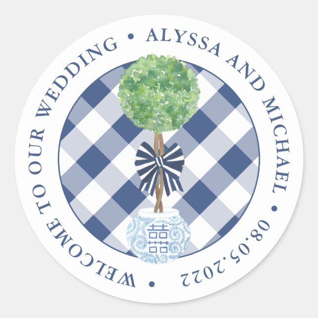 Preppy Blue And White Boxwood Wedding Welcome Classic Round Sticker (Front)