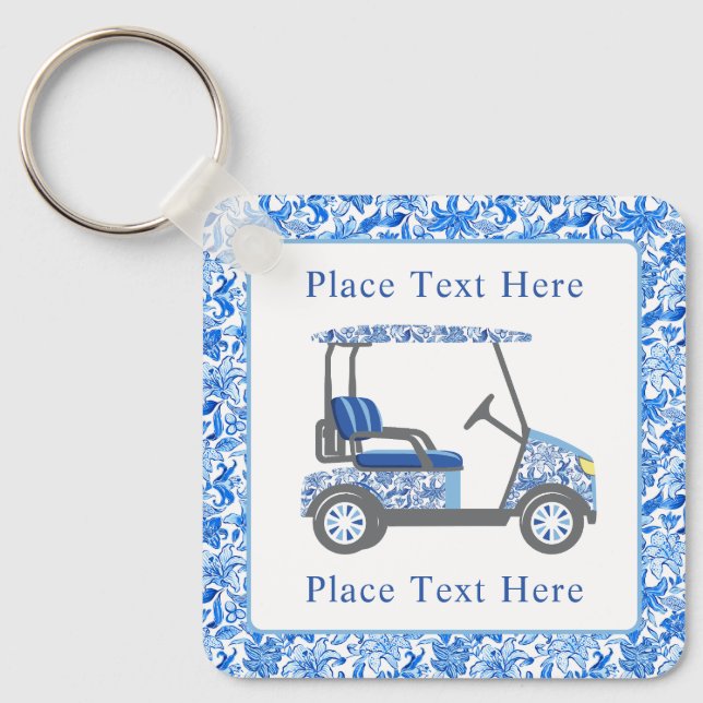 Preppy Blue and White Flowers Golf Cart Keychain (Front)
