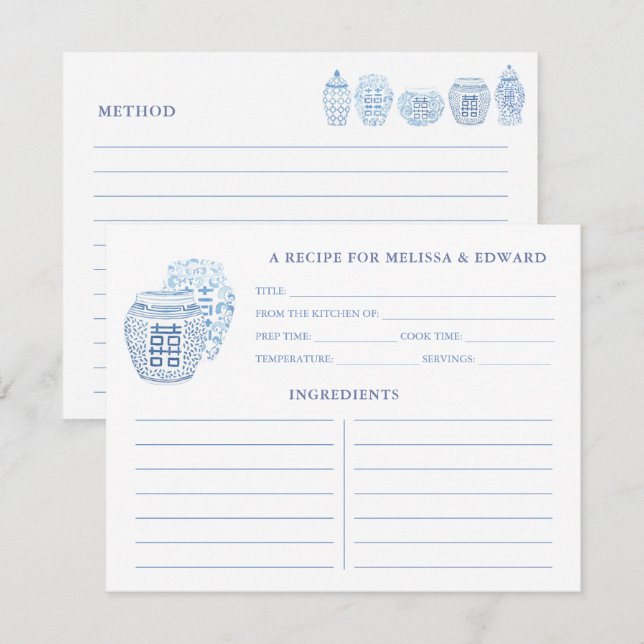 Preppy Blue And White Ginger Jars Recipe Card (Front/Back)
