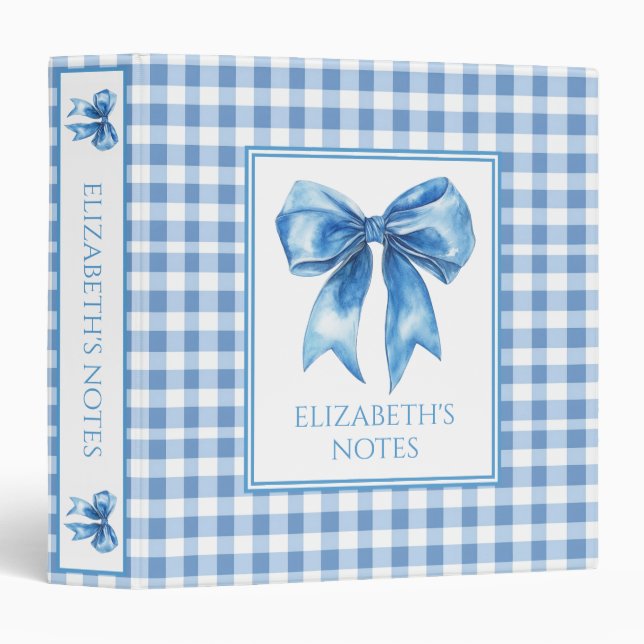 Preppy Blue and White Gingham and Bow Binder (Front/Spine)