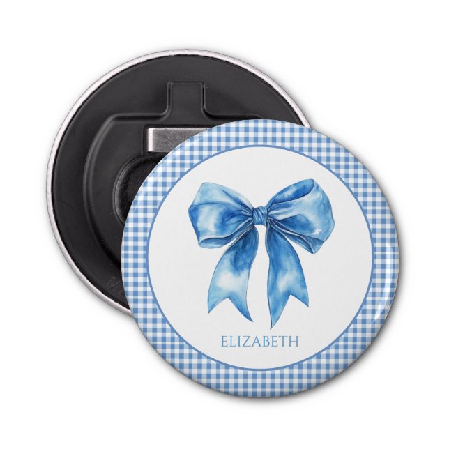 Preppy Blue and White Gingham and Bow Bottle Opener (Front)