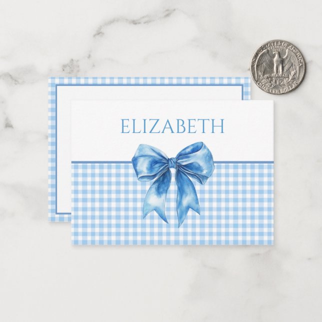 Preppy Blue and White Gingham and Bow Card (Front/Back In Situ)