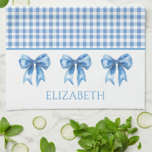 Preppy Blue and White Gingham and Bow Kitchen Towel