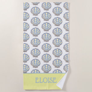Preppy Blue and Yellow Plaid Scallop Seashell Beach Towel