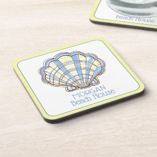 Preppy Blue and Yellow Plaid Scallop Seashell Coaster