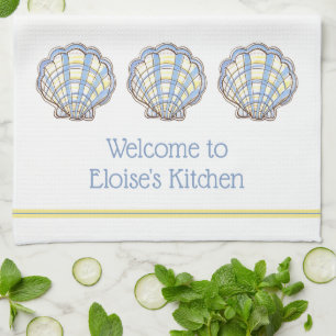 Preppy Blue and Yellow Plaid Scallop Seashell Kitchen Towel