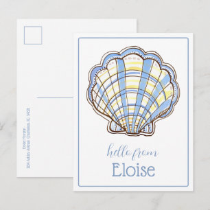 Preppy Blue and Yellow Plaid Scallop Seashell Postcard