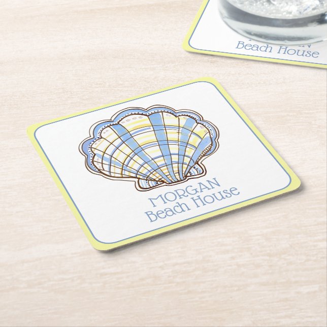 Preppy Blue and Yellow Plaid Scallop Seashell Square Paper Coaster (Angled)